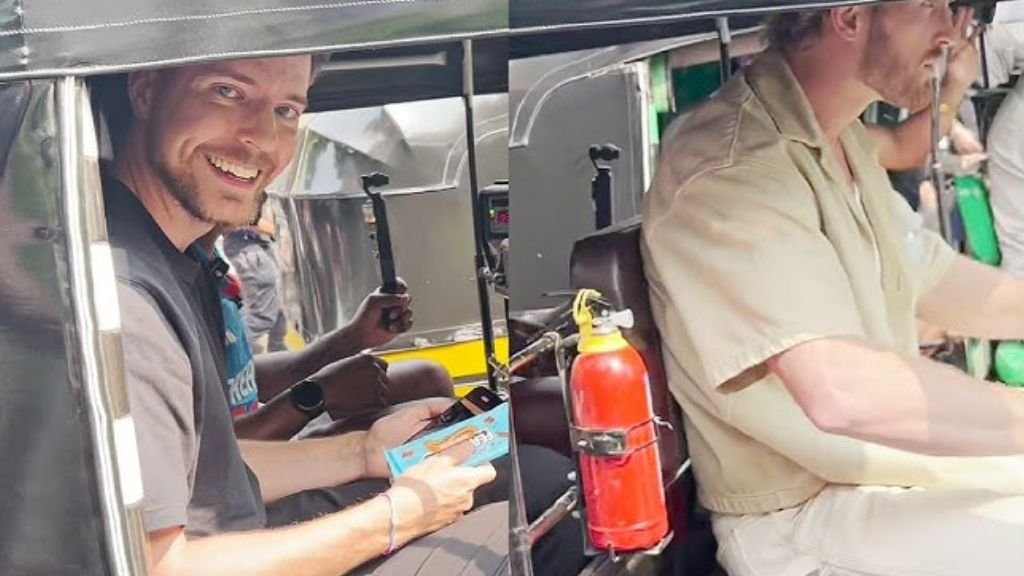 Logan Paul and Mr. Beast give Chocolates and Enjoy Riding in an Autorickshaw on His Way to an Event